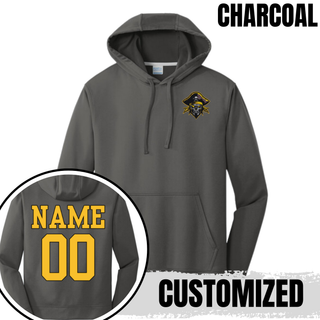 Charcoal Pirates Baseball Pocket Pirate Performance Hoodie with pirate skull graphic on the chest and custom name and number on the back