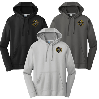 Pirates Baseball Pocket Pirate Performance Hoodie in Black, Charcoal, and Silver, each with the pirate skull graphic on the left chest