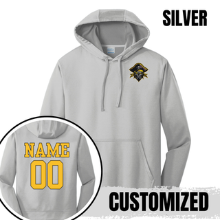Silver Pirates Baseball Pocket Pirate Performance Hoodie with pirate skull graphic on the chest and custom name and number on the back