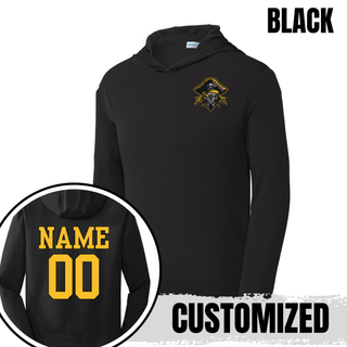 Black Pirates Baseball Pocket Pirate PosiCharge Competitor hoodie with pirate skull graphic on the chest and custom name and number on the back