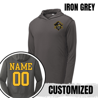 Iron Grey Pirates Baseball Pocket Pirate PosiCharge Competitor hoodie with pirate skull graphic on the chest and custom name and number on the back