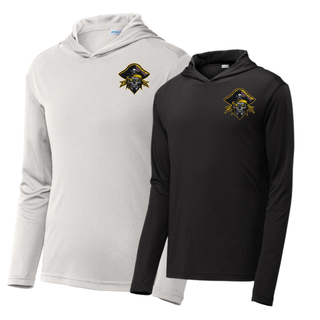 Silver and black Pirates Baseball Pocket Pirate PosiCharge Competitor hoodies with the pirate skull graphic on the left chest