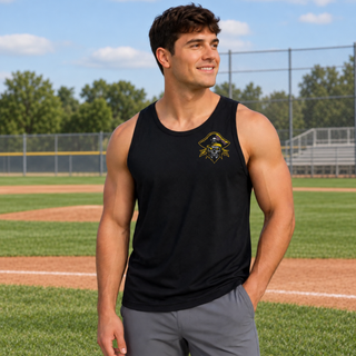 Model wearing a black Pirates Baseball Pocket Pirate PosiCharge Competitor Tank on a baseball field