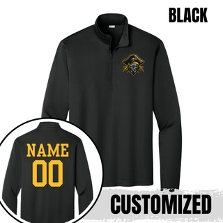 Black Pirates Baseball Pocket Pirate PosiCharge Quarter-Zip with pirate skull graphic on the chest and custom name and number on the back