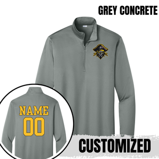 Grey Concrete Pirates Baseball Pocket Pirate PosiCharge Quarter-Zip with pirate skull graphic on the chest and custom name and number on the back