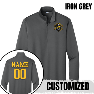 Iron Grey Pirates Baseball Pocket Pirate PosiCharge Quarter-Zip with pirate skull graphic on the chest and custom name and number on the back