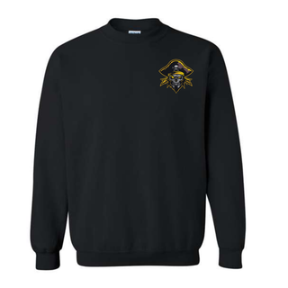 Black crewneck featuring a Pirates Baseball pirate skull graphic on the left chest, with the skull wearing a pirate hat and bandana
