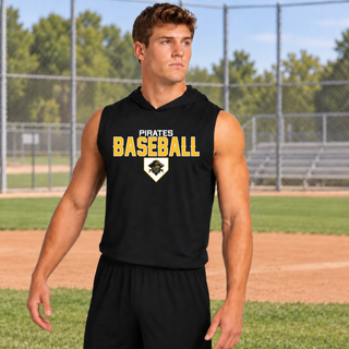 Pirates Baseball Stacked Logo Competitor Sleeveless Hoodie in Black, on model