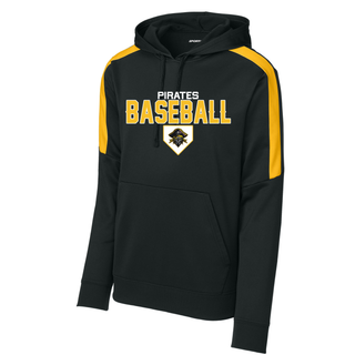 Pirates Baseball Stacked Logo Fan Favorite Hoodie in Black with gold colorblock panels