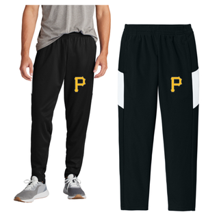 Man wearing black Pirates Baseball Travel Pant V1 with gold P logo on left thigh and white colorblock panel