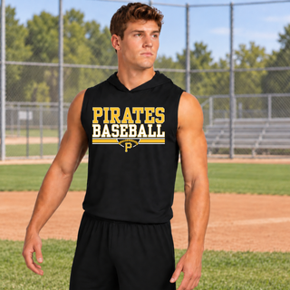 Pirates Baseball Varsity Bar Competitor Sleeveless Hoodie in Black, on model