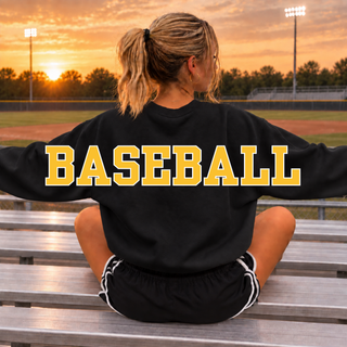 Pirates Baseball Varsity Bar Oversized Crewneck in Black, back print full view, on model