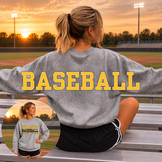 Pirates Baseball Varsity Bar Oversized Back Print Crewneck or Hoodie in Sport Grey, back print full view, on model
