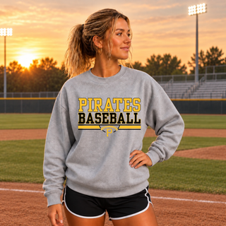 Pirates Baseball Varsity Bar Oversized Back Print Crewneck or Hoodie in Sport Grey, front, on model