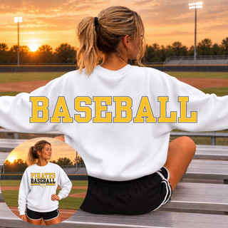 Pirates Baseball Varsity Bar Oversized Back Print Crewneck or Hoodie in White, back print full view, on model