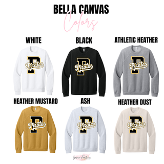 Pirates Baseball Varsity Letter Top Bella Canvas crewneck sweatshirt color options - white, black, athletic heather, heather mustard, ash, and heather dust