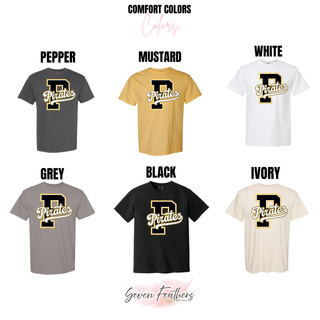 Pirates Baseball Varsity Letter Top Comfort Colors tee color options - pepper, mustard, white, grey, black, and ivory