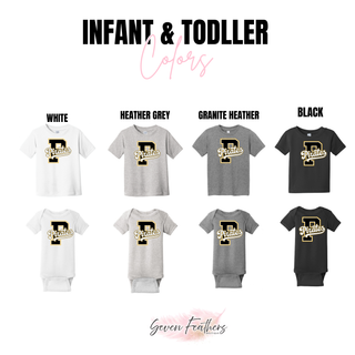 Pirates Baseball Varsity Letter Top infant and toddler tee and onesie color options - white, heather grey, granite heather, and black