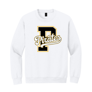Pirates Baseball Varsity Letter Top white crewneck sweatshirt with black P varsity letter and script Pirates wordmark