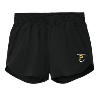Pirates Baseball Women's Repeat Swift Shorts in Black, Pocket Diamond design: a gold P inside a white home plate on the left leg