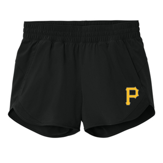 Pirates Baseball Women's Repeat Swift Shorts in Black, Pocket P design: a gold P with a white outline on the left leg