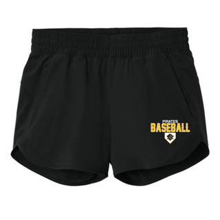 Pirates Baseball Women's Repeat Swift Shorts in Black, Stacked Logo design: Pirates over gold Baseball lettering with the skull mascot in a home plate on the left leg