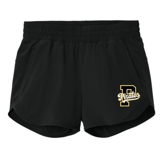 Pirates Baseball Women's Repeat Swift Shorts in Black, Varsity Letter design: a black varsity P outlined in gold with white Pirates script on the left leg