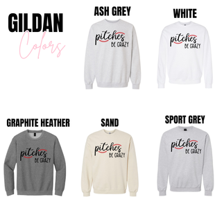 Gildan Pitches Be Crazy crewneck in ash grey, white, graphite heather, sand, and sport grey