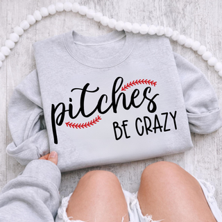 Sport grey crewneck folded flat with pitches BE CRAZY baseball stitch script design