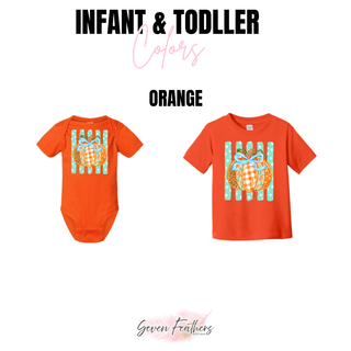 plaid pumpkin leopard bow top infant onesie and toddler tee in orange
