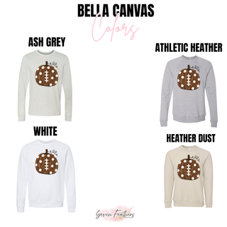 Polka dot football pumpkin top Bella Canvas color options including ash grey, athletic heather, white, and heather dust
