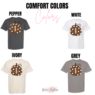 Polka dot football pumpkin top Comfort Colors options in pepper, white, ivory, and grey
