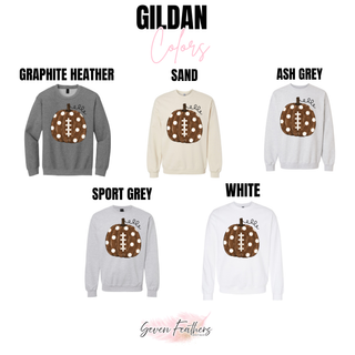 Polka dot football pumpkin sweatshirt Gildan color options including graphite heather, sand, ash grey, sport grey, and white
