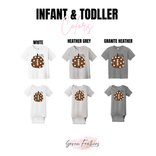 Polka dot football pumpkin infant and toddler tee and onesie color options in white, heather grey, and granite heather
