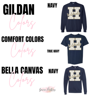 Color chart showing the polka dot H Wildcats design on a navy Gildan crewneck, a true navy Comfort Colors tee, and a navy Bella Canvas crewneck