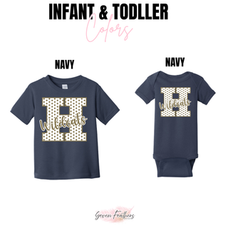 Infant and toddler color chart showing the polka dot H Wildcats design on a navy toddler tee and a navy infant bodysuit