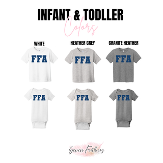 Polka Dot Navy FFA top infant onesie and toddler tee color options including white heather grey and granite heather