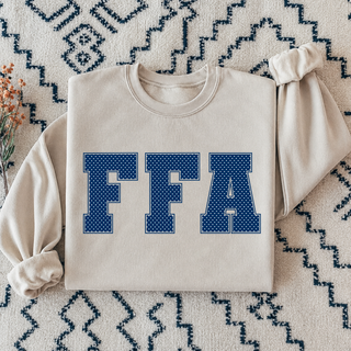 Sand FFA top with navy polka dot block letters