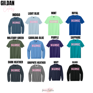Pop of Pink Nurse Graphic Top Gildan tees and crewnecks in indigo, light blue, mint, royal, military green, carolina blue, purple, sapphire, dark heather, graphite heather, navy, and black