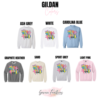Pop Star Volleyball Gildan crewneck in ash grey, white, carolina blue, graphite heather, sand, sport grey, and light pink
