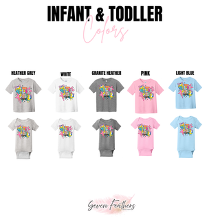 Pop Star Volleyball infant tee and onesie in heather grey, white, granite heather, pink, and light blue
