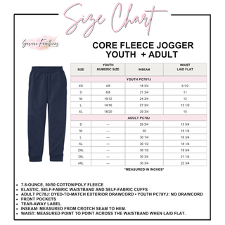 Size chart for Port & Co Core Fleece Jogger youth and adult sizes, showing size, youth numeric size, inseam, and waist measurements in inches for youth XS through XL and adult S through 4XL. 7.8-ounce 50/50 cotton poly fleece with elastic waistband, self-fabric cuffs, front pockets, and tear-away label.