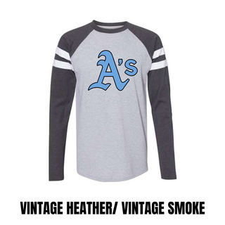 Vintage Heather and Vintage Smoke Prime Athletics Baseball A's Logo Mash Up long sleeve top laid flat, with a large centered A's mark on the chest