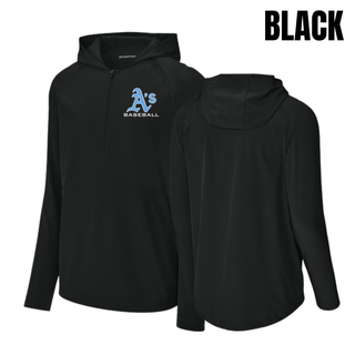 Black Prime Athletics Baseball A's Logo Repeat Half-Zip Hooded Jacket, front and back views
