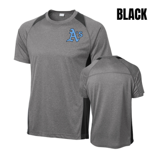 Vintage Heather grey Prime Athletics Baseball A's Pocket Colorblock Performance Tee with black side panels and light blue A's logo on the left chest, front and back view