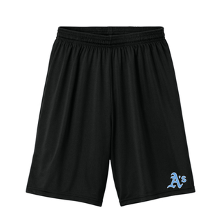 Black Prime Athletics Baseball A's Pocket Cooling Performance Shorts folded flat with light blue A's lettering on the lower left leg