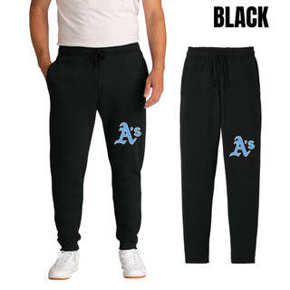 Black Prime Athletics Baseball A's Pocket Core Fleece Joggers with light blue A's lettering on the lower left leg