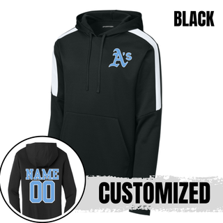 Black Prime Athletics Baseball A's Pocket Fan Favorite Hoodie with white colorblock panels and light blue A's lettering on the left chest