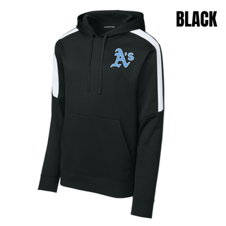 Black Prime Athletics Baseball A's Pocket Fan Favorite Hoodie with white colorblock panels, light blue A's lettering on the left chest, and a customizable NAME/00 print on the back