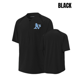 Black Prime Athletics Baseball A's Pocket Half-Zip Short Sleeve Jacket with light blue A's logo on the left chest, front and back view